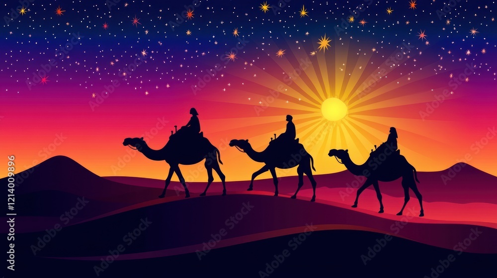 Three Wise Men Journey Across Desert Sands Under Starlit Sky Three Wise Men Journey Across Desert Sands Under Starlit Sky