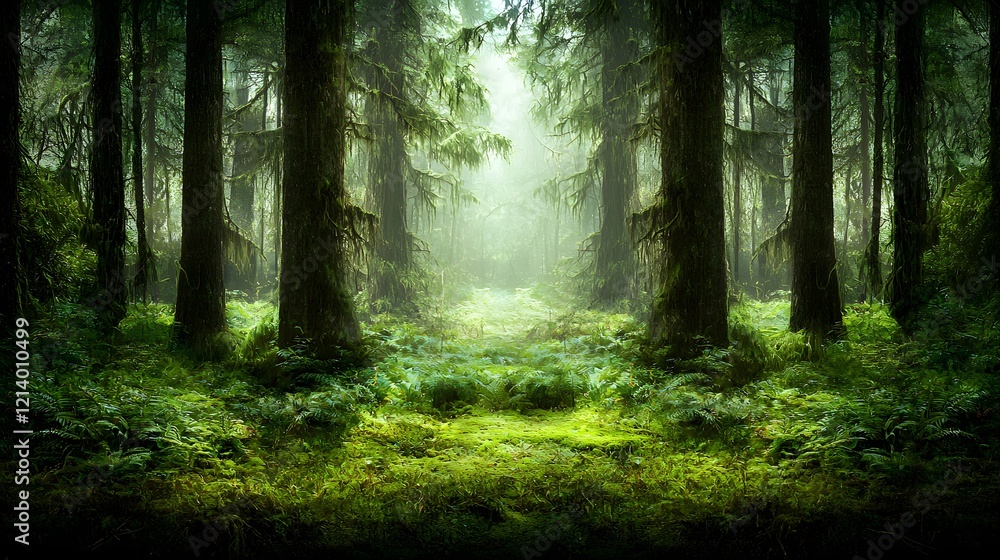 Obraz premium Enchanting forest pathway winding through a mysterious misty woodland landscape filled with towering evergreen trees lush undergrowth and a serene atmosphere of natural beauty and tranquility