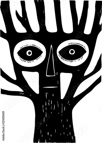 Tree with funny face, lino cut, lino print, black and white, transparent, isolated tree artwork with old wise tree, printmaking artwork, vector character inked