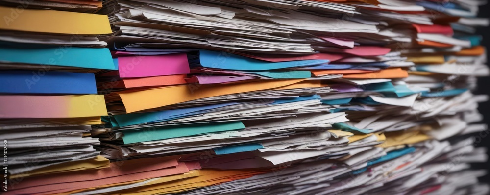 Colored labels on top of a stack of papers and files, color coding, paper stack Colored labels on top of a stack of papers and files, color coding, paper stack