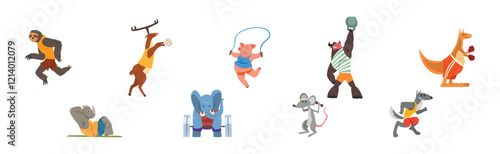 Funny Animal in Gym Do Sport Activity Vector Set