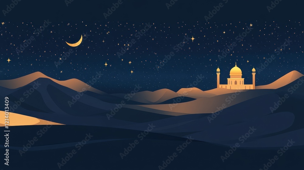 Naklejka premium Nighttime Desert Mosque Under Starlit Sky