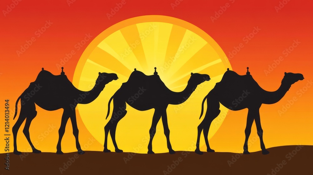Three Camels Silhouette at Sunset in the Desert Three Camels Silhouette at Sunset in the Desert