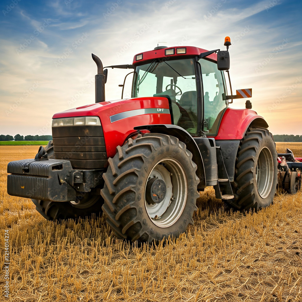 tractor in agricultural field. Rear view of a large tractor of red color standing in a field. Start tillage after harvest. farming concept. tractor in agricultural field. Rear view of a large tractor of red color standing in a field. Start tillage after harvest. farming concept.