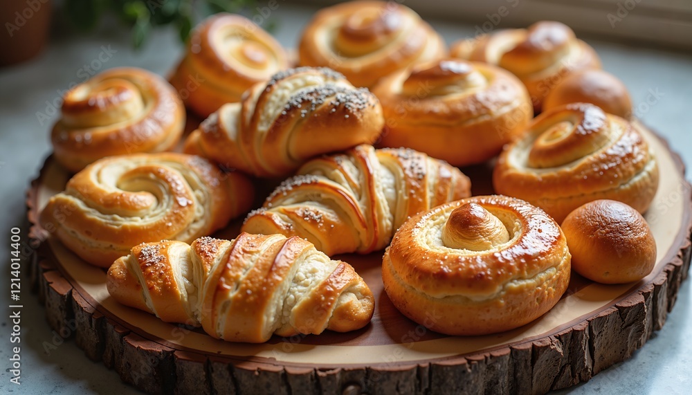 Delicious Danish Pastries on Wooden Platter, Perfect for Breakfast and Brunch Display Delicious Danish Pastries on Wooden Platter, Perfect for Breakfast and Brunch Display