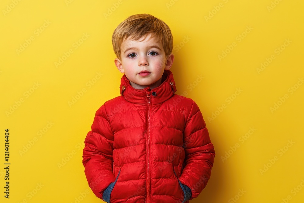 Little boy in a red jacket, isolated on yellow.