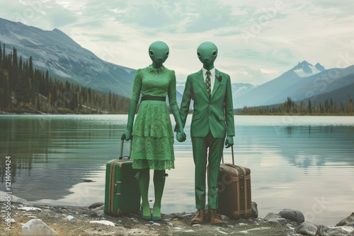 The arrival of aliens. A man and a woman, who look like aliens, come out of a lake against the background of mountains