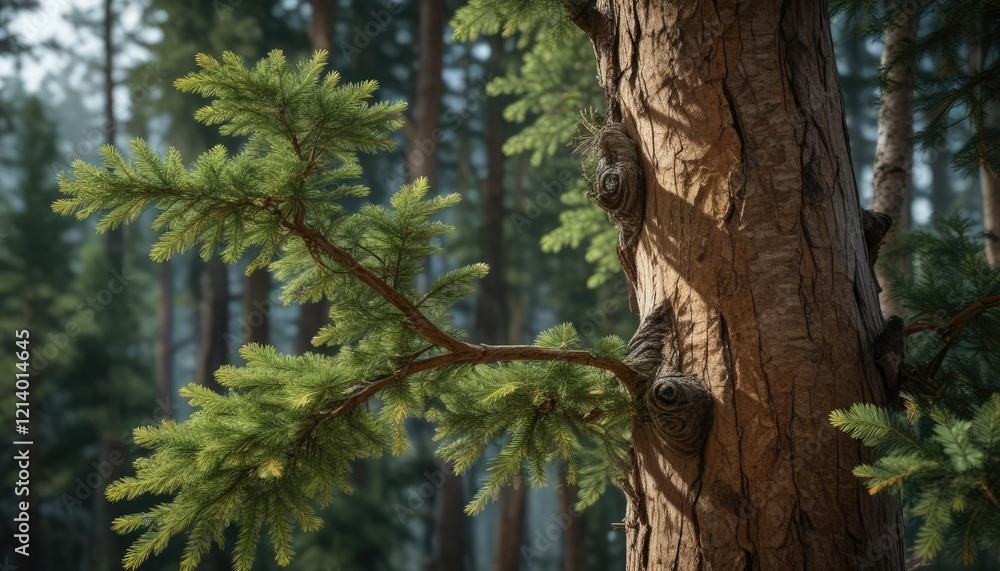 Fototapeta premium Detailed branch of Cedrus atlantica with thickened bark, plant details, tree branch, woody stem