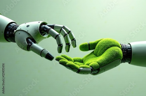 Robot hand holding plant for to plant trees on forest .as a symbol of connection between ecology and artificial intelligence technology. to solve the problem global warming in futuristic concept.