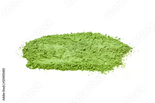 Top view of Green tea powder scattered isolated on white background.