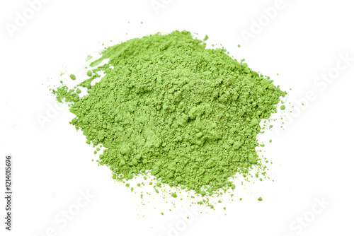 Top view of Green tea powder scattered isolated on white background.