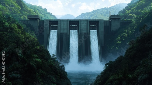 Lush vibrant rainforest dam powerful water surges through colossal gates a torrent of natures might photo