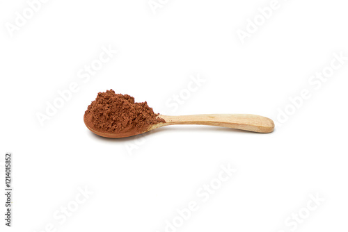 Side view of Cocoa powder on wooden spoon isolated on white background.