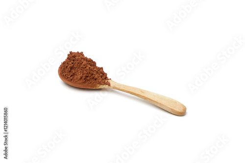 Cocoa powder on wooden spoon isolated on white background.