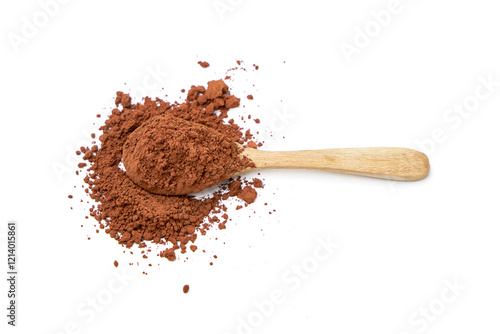 Top view of Cocoa powder on wooden spoon and scattered isolated on white background.