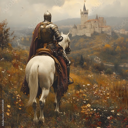 Medieval Knight Riding White Horse Towards Majestic Castle in Autumn Landscape