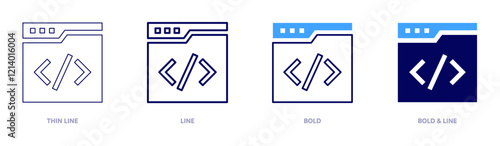 Coding icon in 4 different styles. Thin Line, Line, Bold, and Bold Line. Duotone style. Editable stroke