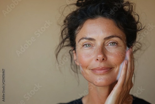 Against a beige backdrop, a lovely middle-aged woman washes her face with water while maintaining a calm attitude. Generative Ai