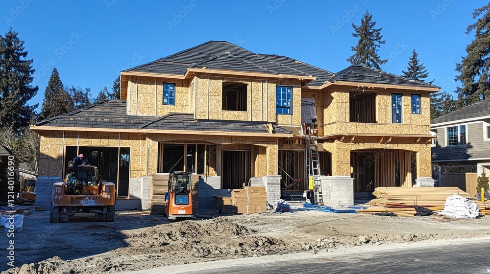 New Home Construction Underway On Sunny Day New Home Construction Underway On Sunny Day