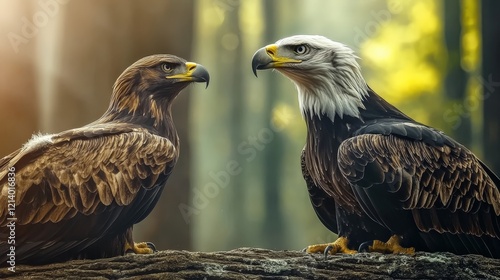 Majestic Eagles in Nature with Brown and White Feathers Against a Forest Background photo