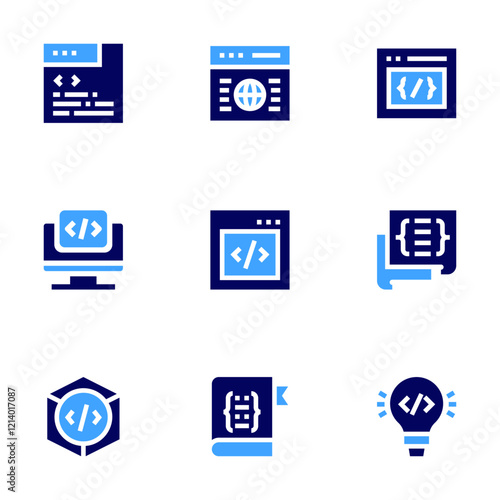 Programming icon set. Bold style. Duotone colors. web coding, website, monitor, idea, programming, d programming, book, code, css