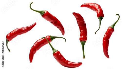 Falling red chili peppers isolated on transparent background, Cut out png