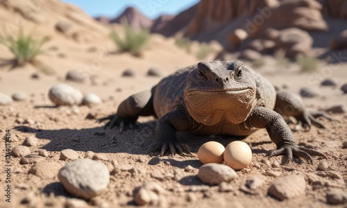 Female Chuckwalla lizard laying eggs in a burrow in the California desert soil, female lizard behavior, Sauromalus ater photo