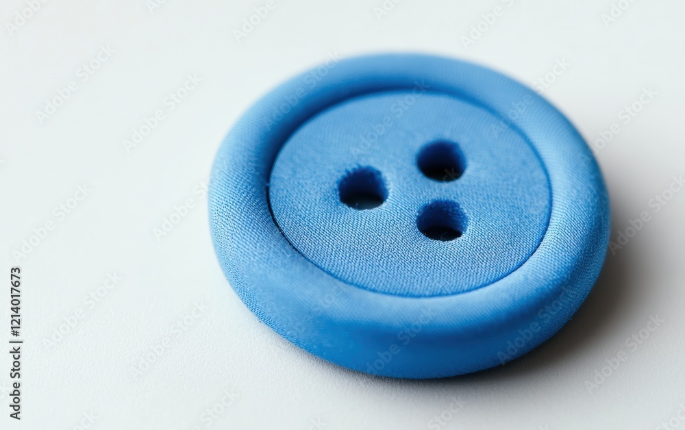 A close-up of a bright blue button with stitching details on a white background. A close-up of a bright blue button with stitching details on a white background.