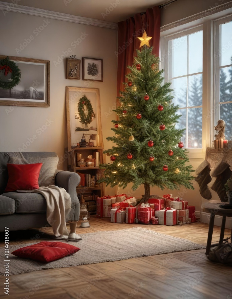 Fir Christmas tree in a cozy living room with stockings and holly, stockings, festive centerpiece, holiday decoration Fir Christmas tree in a cozy living room with stockings and holly, stockings, festive centerpiece, holiday decoration