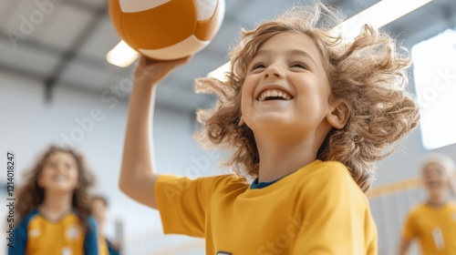 Happy Child Tossing Volleyball Into the Air with Joyful Expression