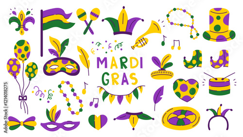 Mardi Gras Design Elements Set. Festive clipart with traditional symbols and colors. Collection of colorful carnival jester hat mask beads fleur de lys. Vector illustration