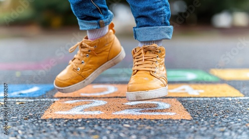Close-Up of Child's Feet Landing on Hopscotch Numbered Squares