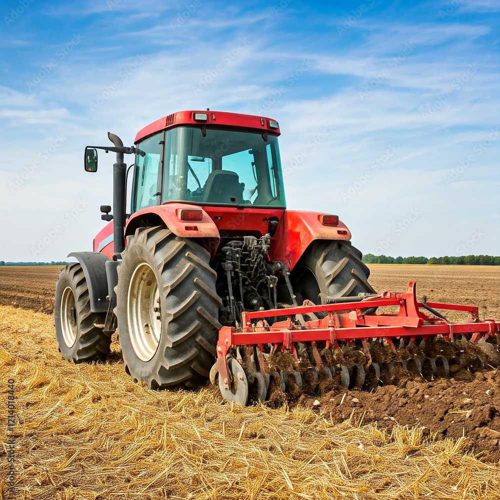 Obraz premium tractor in agricultural field. Rear view of a large tractor of red color standing in a field. Start tillage after harvest. farming concept.