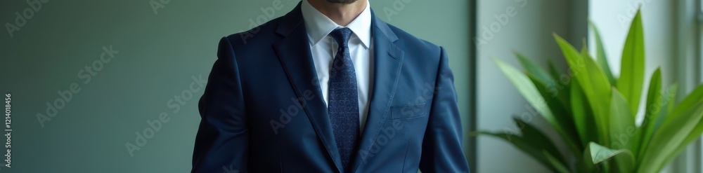 Sharp suit, single plant, neutral setting; understated professionalism , plant, modern Sharp suit, single plant, neutral setting; understated professionalism , plant, modern