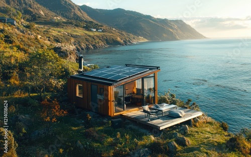 A compact Scandinavian eco-cabin, glowing in the sunlight, perched in the mountains overlooking the ocean, with rooftop solar panels and a sustainable design photo