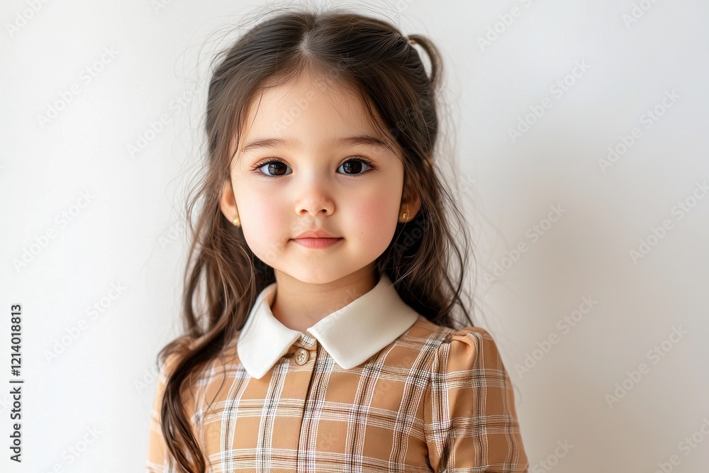 Little girl in a business-worthy dress, posing against a soft white backdrop. Little girl in a business-worthy dress, posing against a soft white backdrop.