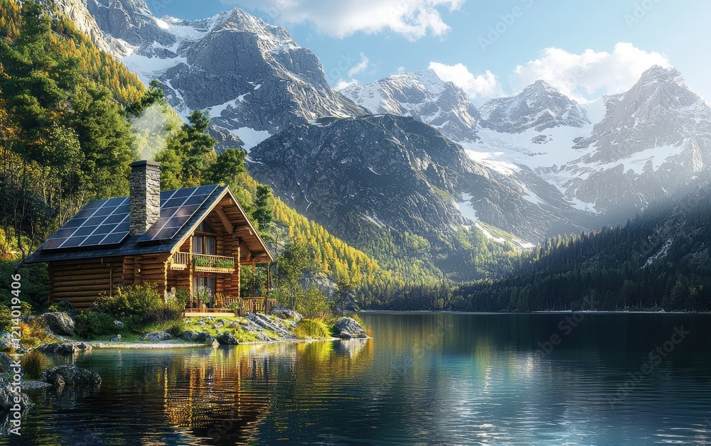 A cozy log cabin with a chimney and rooftop solar panels, situated on the edge of a calm mountain lake reflecting the bright sunlight A cozy log cabin with a chimney and rooftop solar panels, situated on the edge of a calm mountain lake reflecting the bright sunlight