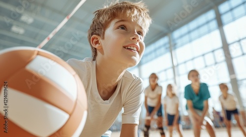 Group of Kids Practicing Volleyball on a Court with a Ball