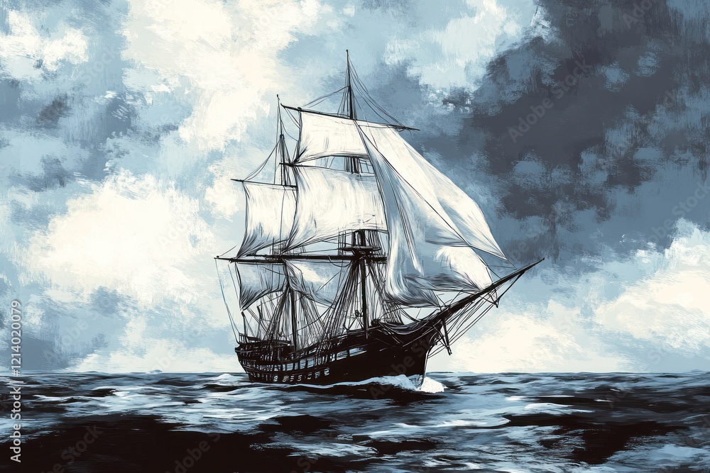 Fototapeta premium A majestic sailing ship with billowing sails navigates a dramatic, stormy sea under a brooding sky.