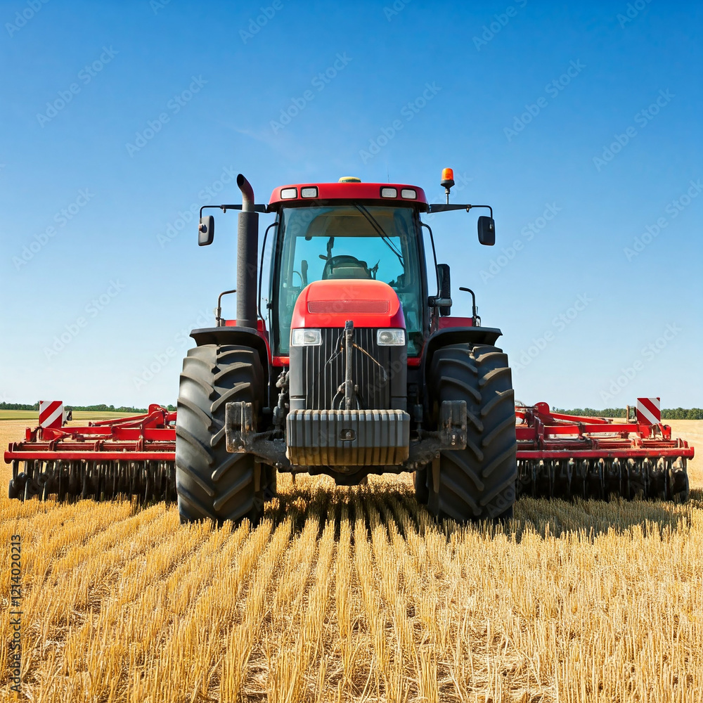 Obraz premium tractor in agricultural field. Rear view of a large tractor of red color standing in a field. Start tillage after harvest. farming concept.