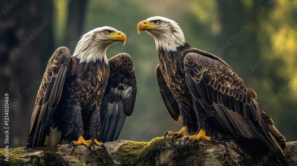 Two Majestic Eagles Perched on a Mossy Log in Natural Setting Two Majestic Eagles Perched on a Mossy Log in Natural Setting