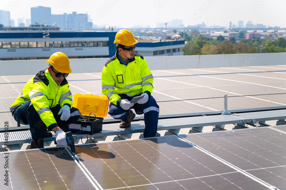 custom made wallpaper toronto digitalThe technician Inspecting Solar Panels on a Factory Roof. An engineer wearing safety gear performing maintenance on solar panels installed on a factory rooftop, ensuring optimal energy efficiency.