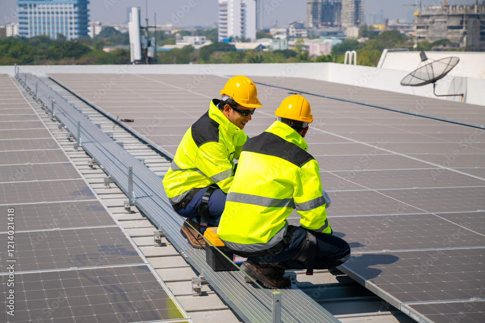 The technician Inspecting Solar Panels on a Factory Roof. An engineer wearing safety gear performing maintenance on solar panels installed on a factory rooftop, ensuring optimal energy efficiency. The technician Inspecting Solar Panels on a Factory Roof. An engineer wearing safety gear performing maintenance on solar panels installed on a factory rooftop, ensuring optimal energy efficiency.