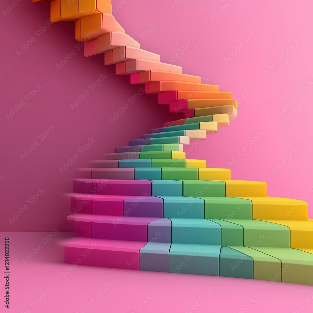 Colorful spiral staircase design in a vibrant pink setting. Colorful spiral staircase design in a vibrant pink setting.