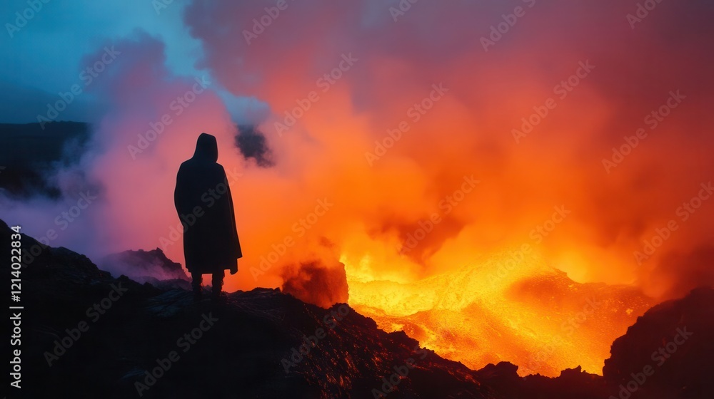 ethereal cloaked figure silhouetted against glowing magma flows at twilight volcanic steam rising dramatically ethereal cloaked figure silhouetted against glowing magma flows at twilight volcanic steam rising dramatically