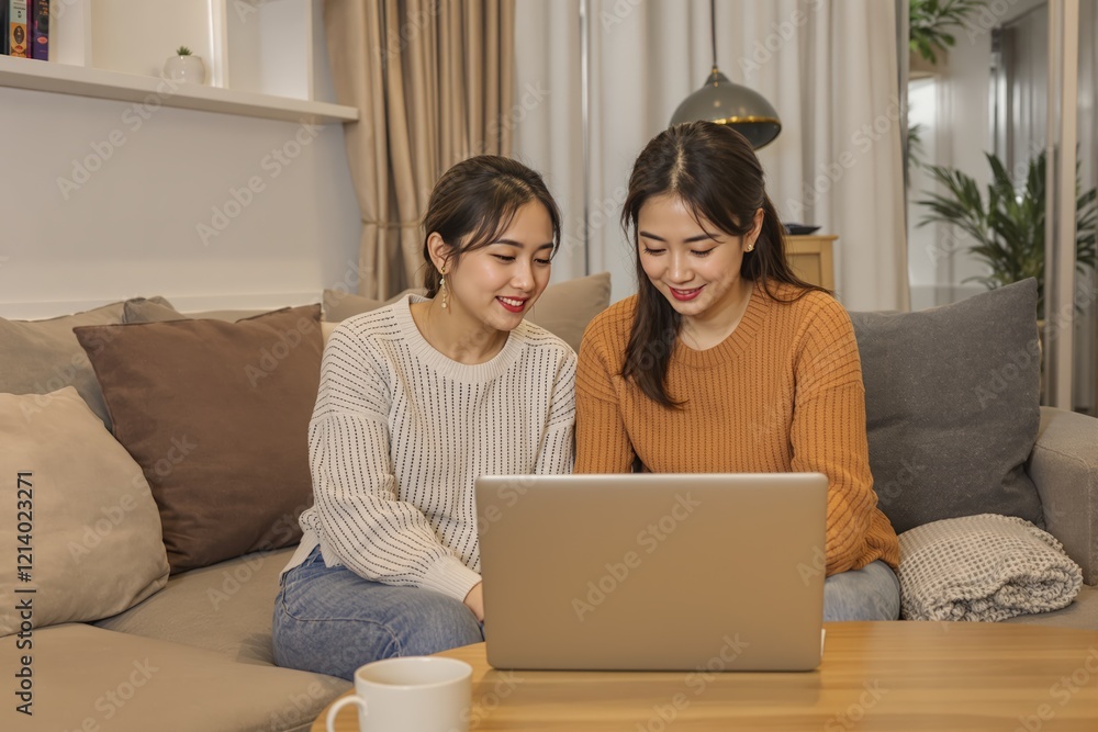 Asian chinese mother and daughter using laptop browsing the internet at living room Asian chinese mother and daughter using laptop browsing the internet at living room