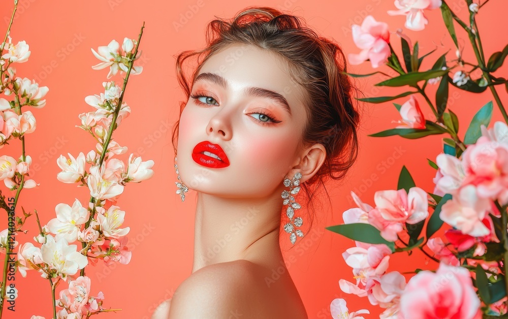 A glamorous woman with bold red lipstick and sparkling earrings, placed on a vibrant peach background with soft pastel floral details for a spring celebration A glamorous woman with bold red lipstick and sparkling earrings, placed on a vibrant peach background with soft pastel floral details for a spring celebration