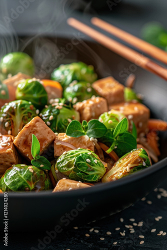 A close-up of a steaming Brussels sprouts and tofu stir-fry garnished with sesame seeds and fresh herbs. The dish is served in a black wok with chopsticks in the background.  
