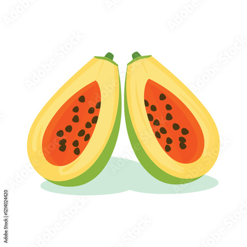 papaya cuts, showing seeds and flesh on white background.