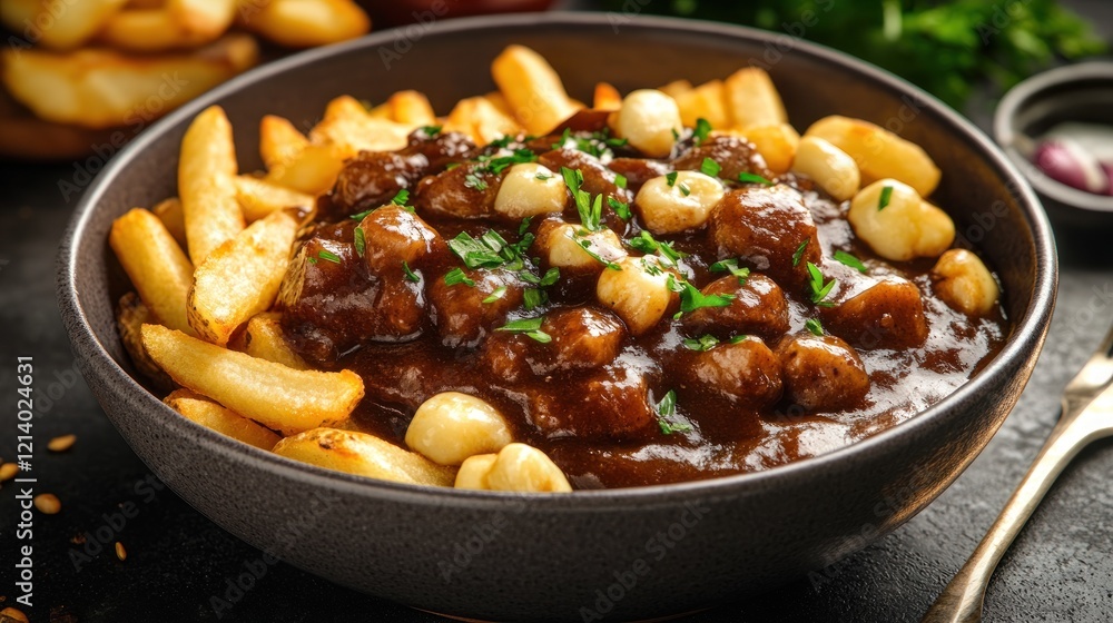 Savory Poutine Bowl, fries, cheese curds, gravy, restaurant Savory Poutine Bowl, fries, cheese curds, gravy, restaurant
